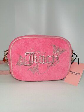 Juicy Couture Pink Velour Crossbody Bag Rhinestone Logo Y2K NWT
